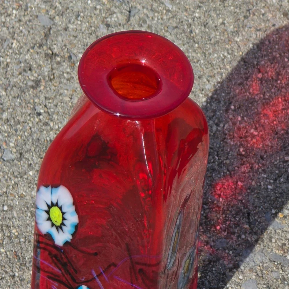 Herb A. Thomas Signed Red Art Glass Millefiori Floral Murrine Bottle Vase 6.5